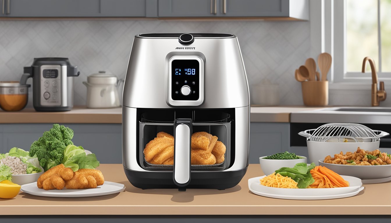 An air fryer sits on a countertop, surrounded by various ingredients and utensils. The fryer's digital display shows the cooking temperature and time settings