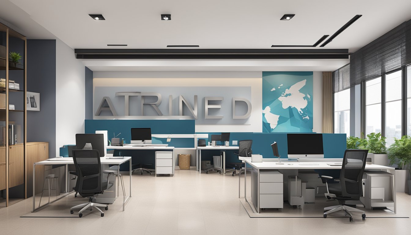 A modern office space with sleek furniture and minimalist decor, featuring the company name "artrend design pte ltd" prominently displayed on the wall