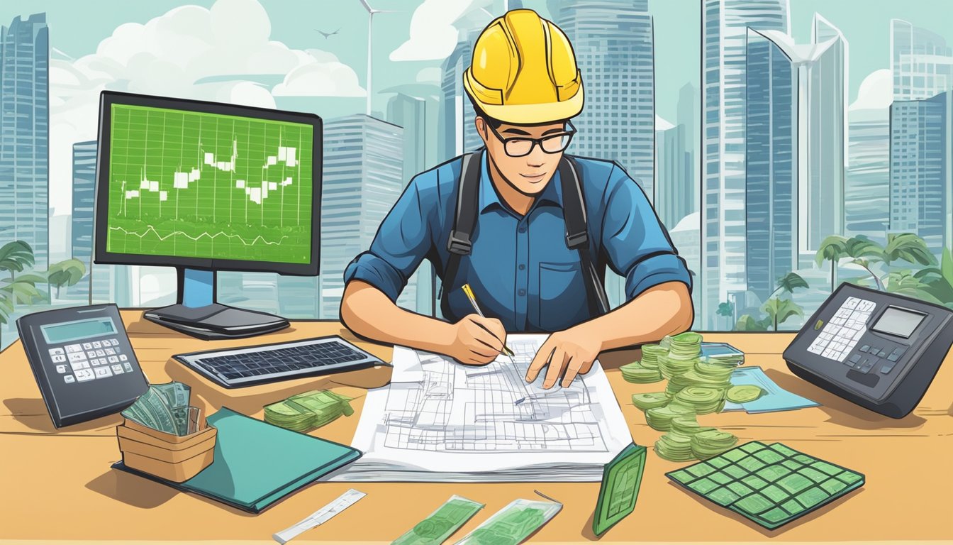 An engineer calculates salary in Singapore, surrounded by renewable energy symbols and charts
