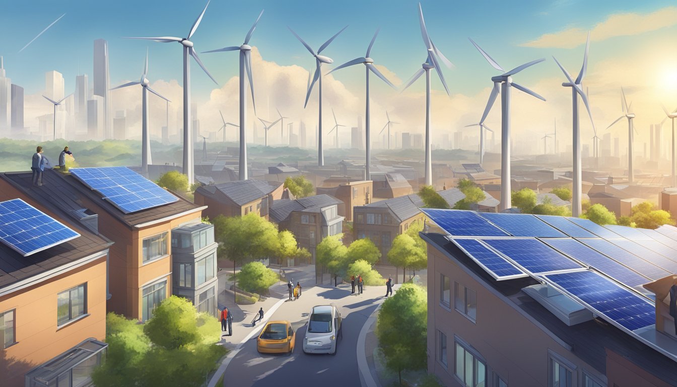 A bustling cityscape with solar panels on rooftops, wind turbines in the distance, and engineers working on advanced renewable energy systems