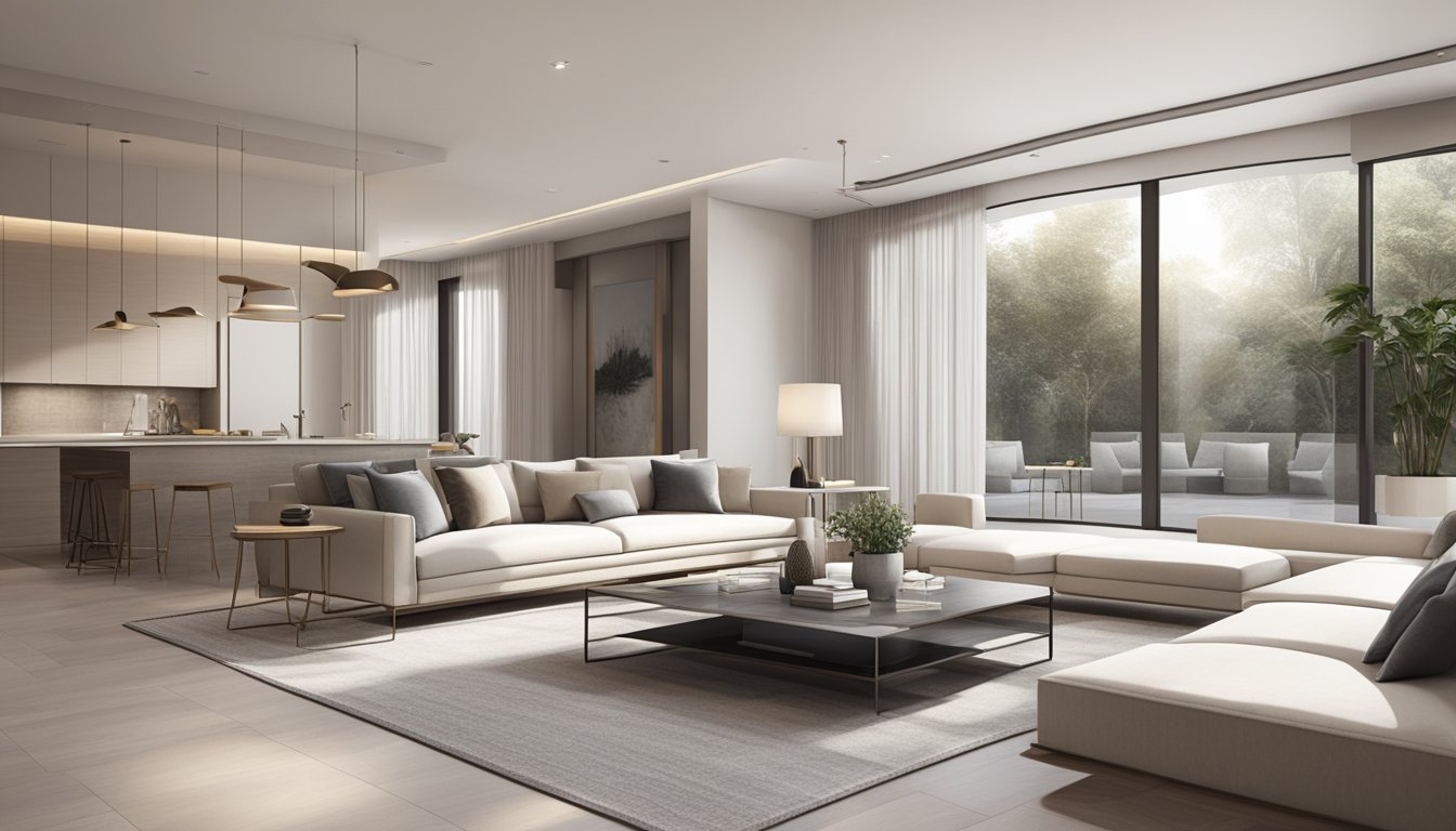 A sleek, spacious modern interior with high-end furnishings and minimalist decor. Clean lines, neutral tones, and ample natural light create an atmosphere of luxury and sophistication