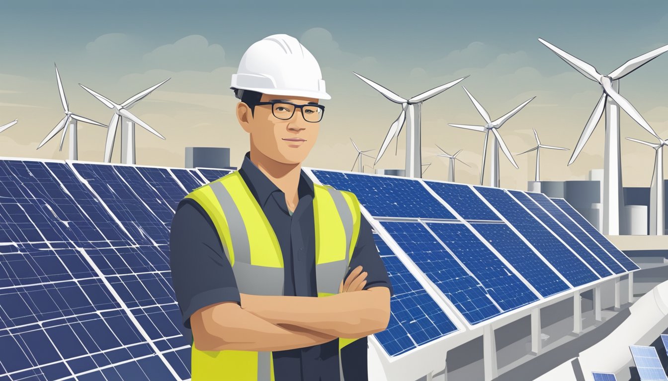 An engineer stands in front of a renewable energy facility in Singapore, surrounded by solar panels and wind turbines, with a salary figure displayed prominently