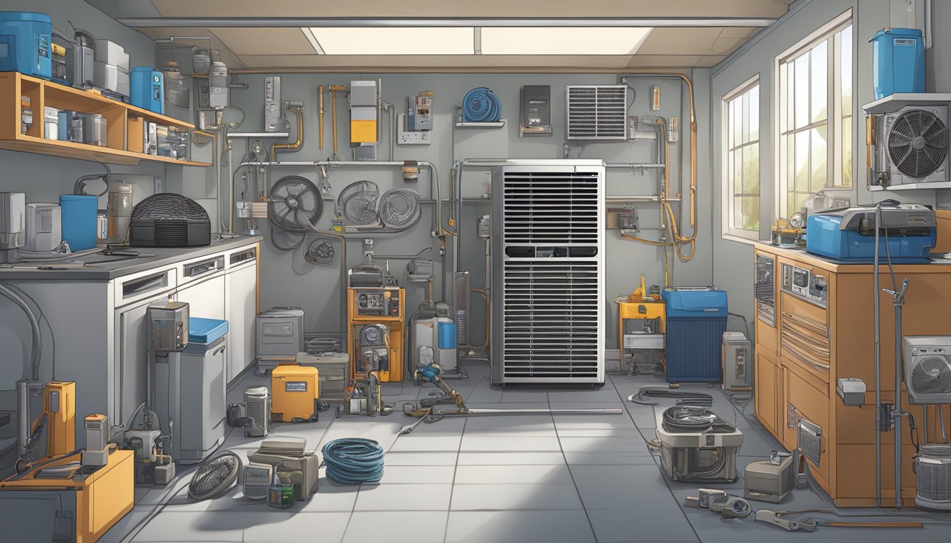The aircon maintenance scene shows various aircon parts neatly organized on a workbench, including filters, coils, fans, and thermostats