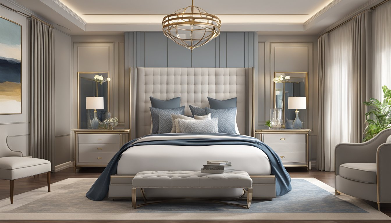 A king bed, 76 inches wide and 80 inches long, with a headboard and footboard, sits in a spacious bedroom with elegant decor