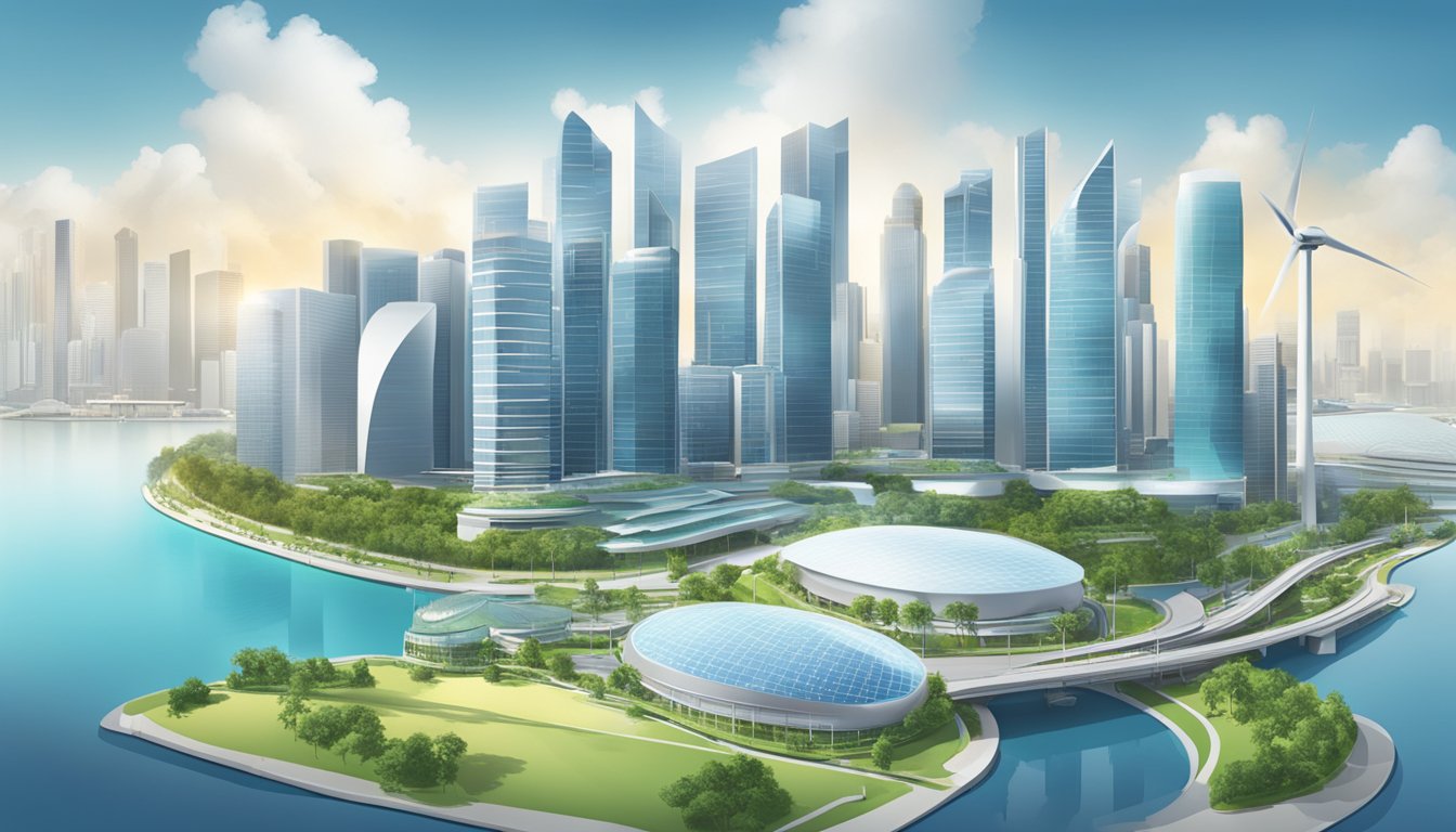 A modern city skyline with renewable energy infrastructure and research facilities, showcasing the growing industry trends in Singapore