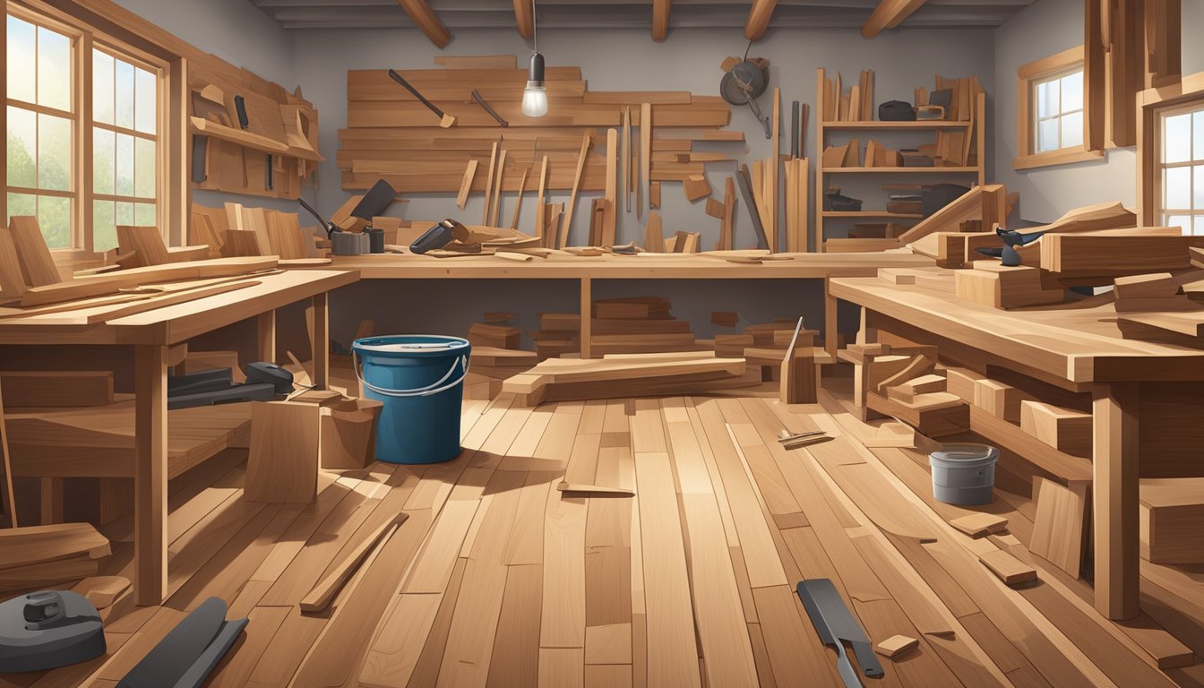 Various wood planks lay in a workshop, including oak, maple, and cherry. A saw, sander, and other tools are scattered around