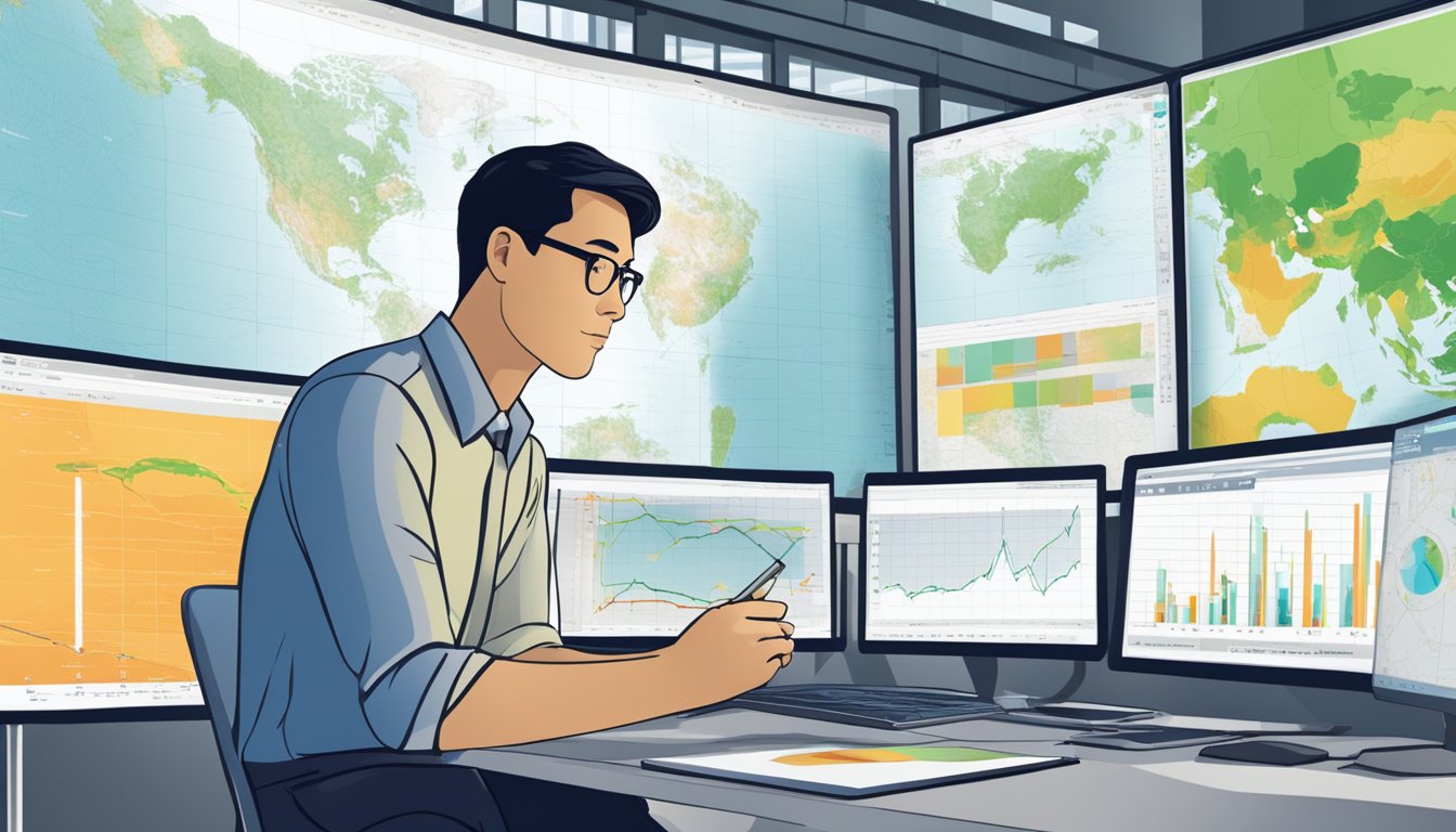 A renewable energy engineer in Singapore is depicted researching and analyzing data, with charts and graphs on a computer screen, and a map of Singapore in the background
