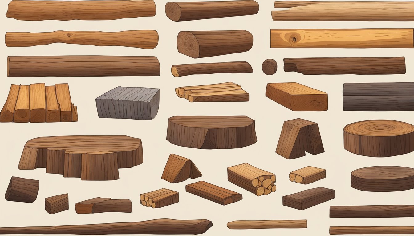 Various types of wood arranged on a table, each labeled with their properties like color, grain, and durability