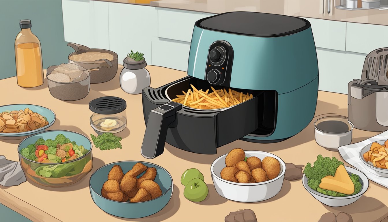 An air fryer sits on a kitchen countertop, surrounded by various food items and cooking utensils. A person's hand reaches for the air fryer, indicating interest in its use