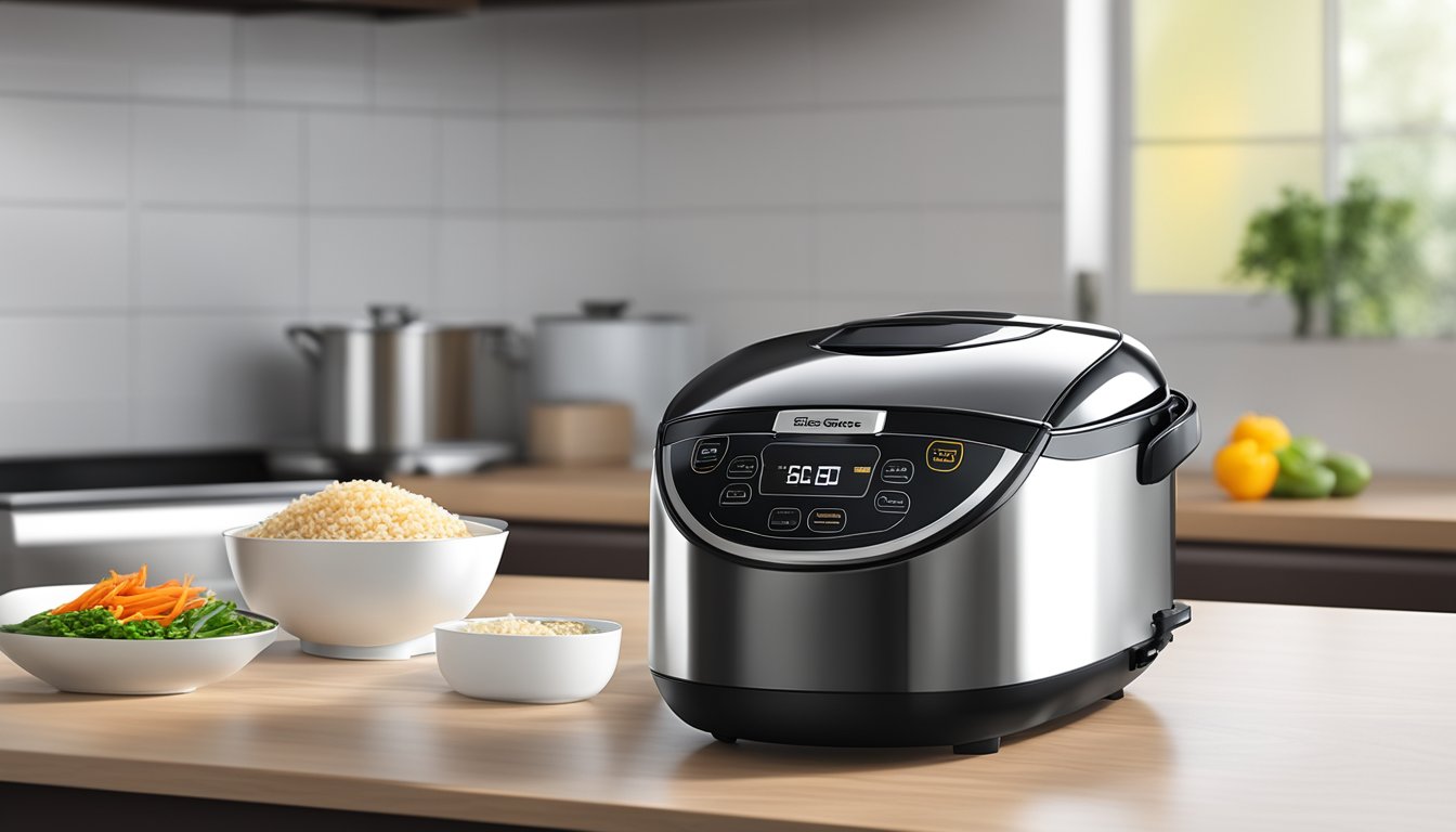 A rice cooker sits on a kitchen counter in Singapore, with a price tag next to it. The cooker is sleek and modern, with a digital display and stainless steel finish