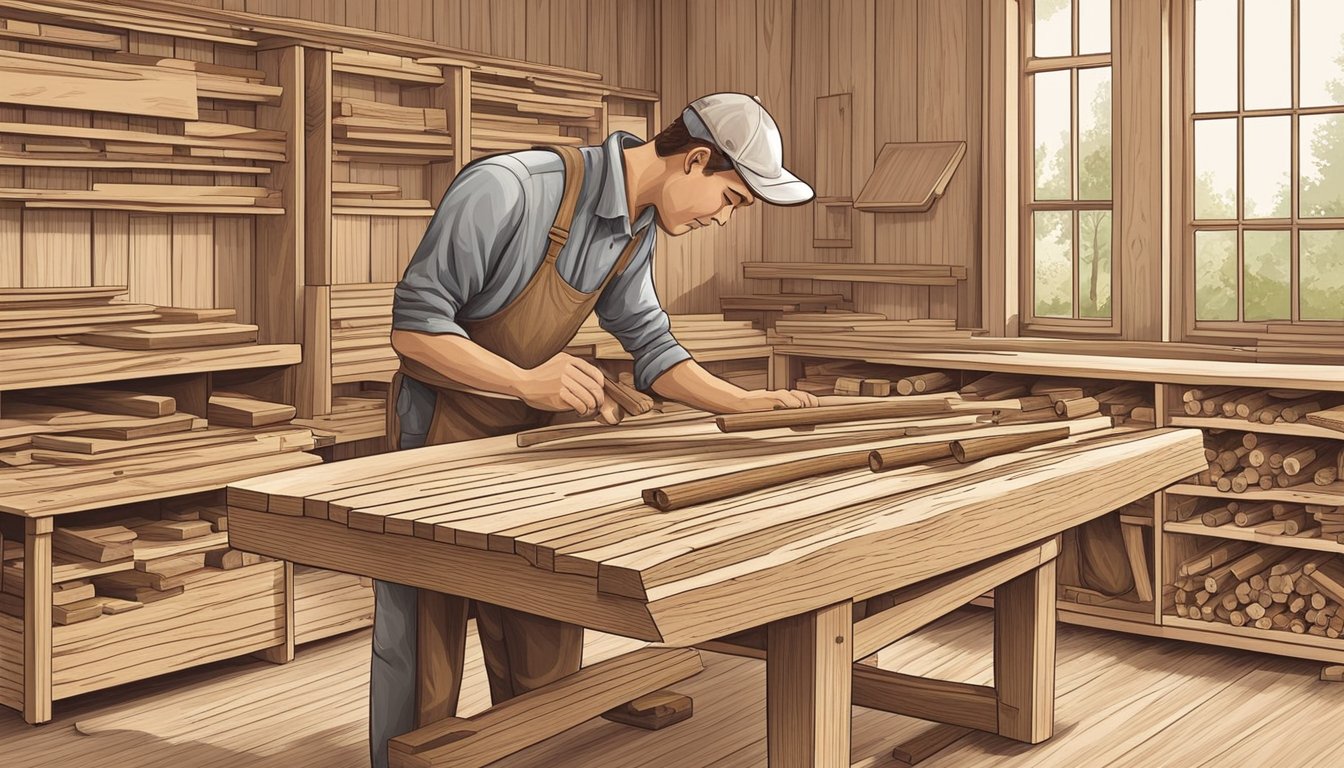 A carpenter sorts through various types of wood, each suited for different furniture types, such as oak for tables and cherry for cabinets