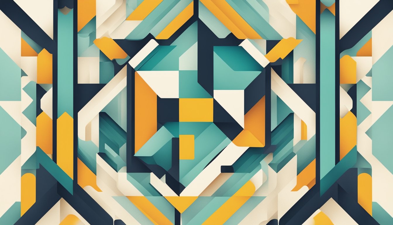 A stylized letter "H" surrounded by geometric shapes and lines, with a sense of balance and symmetry