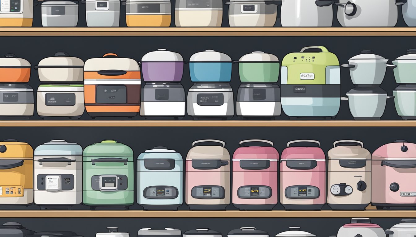 A display of various rice cookers in a Singaporean appliance store, with price tags and features highlighted