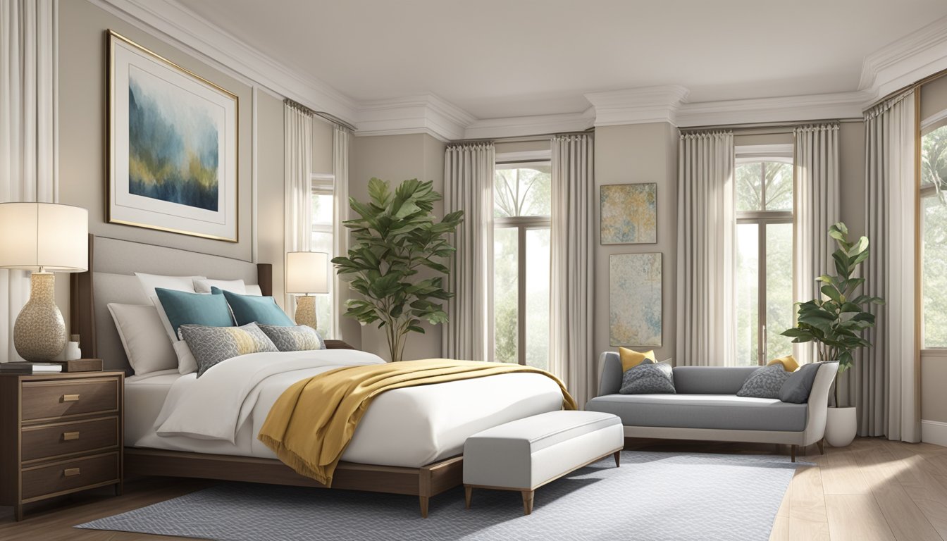 A spacious bedroom with a king-sized bed positioned against the wall, leaving ample floor space. The bed is adorned with luxurious bedding and decorative pillows, creating a cozy and inviting atmosphere