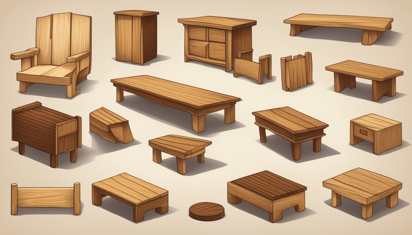 Various types of wood (oak, maple, cherry) arranged on a table, with a sign reading "Frequently Asked Questions: Types of Wood for Furniture."