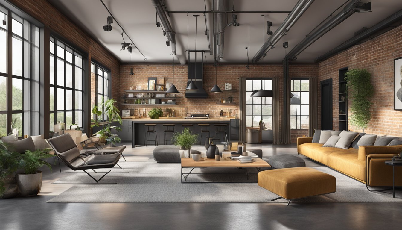 A spacious living room with exposed brick walls, metal beams, and concrete floors. Industrial-style furniture and minimalist decor create a modern, urban ambiance