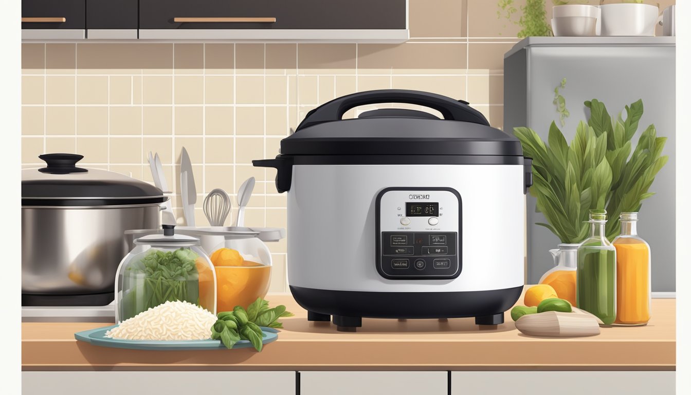 A modern kitchen with a sleek rice cooker on the countertop, surrounded by fresh ingredients and cooking utensils, creating a warm and inviting atmosphere