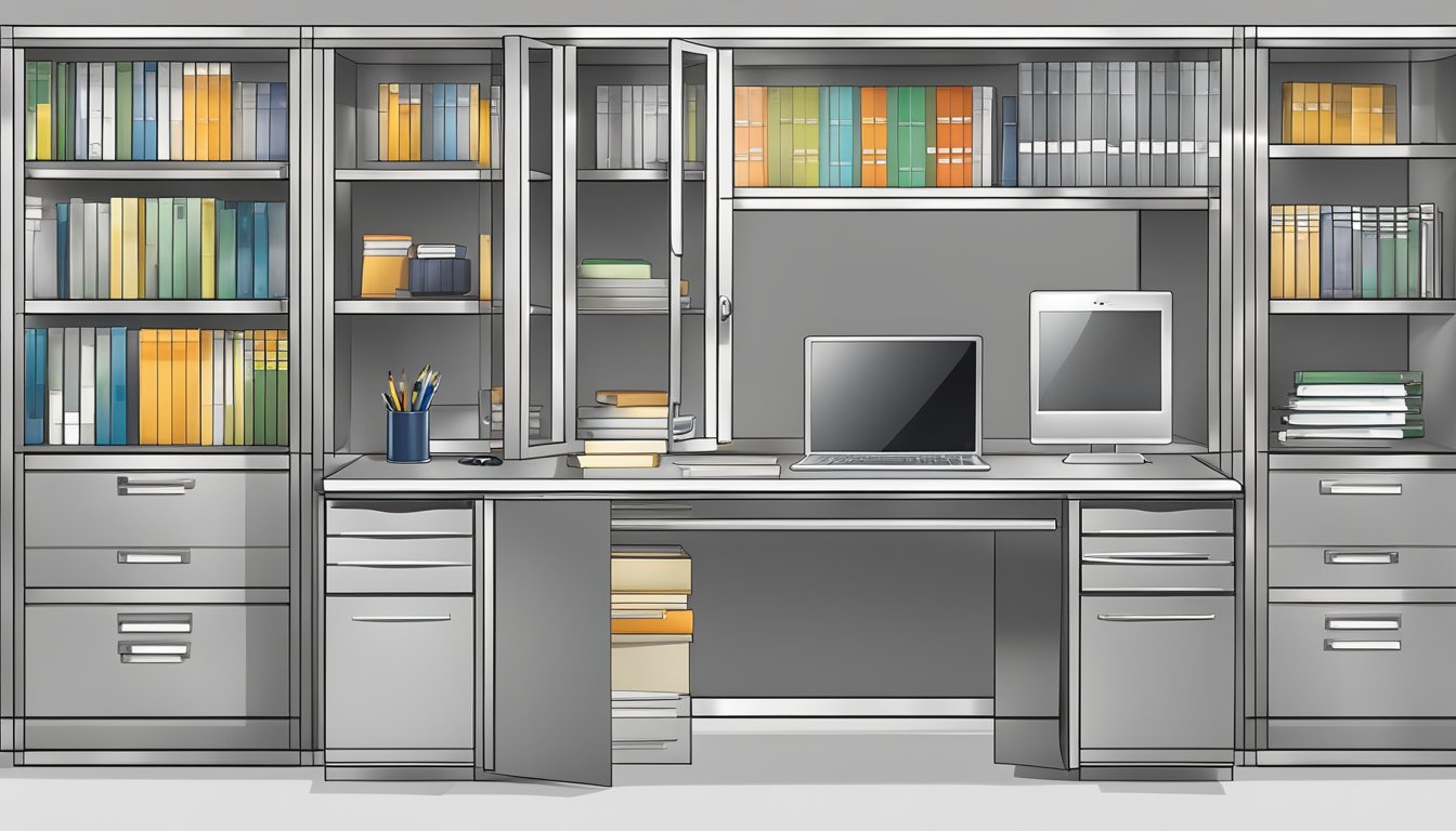 A sleek, modern corner office cabinet with glass doors and chrome handles, filled with neatly organized files and office supplies