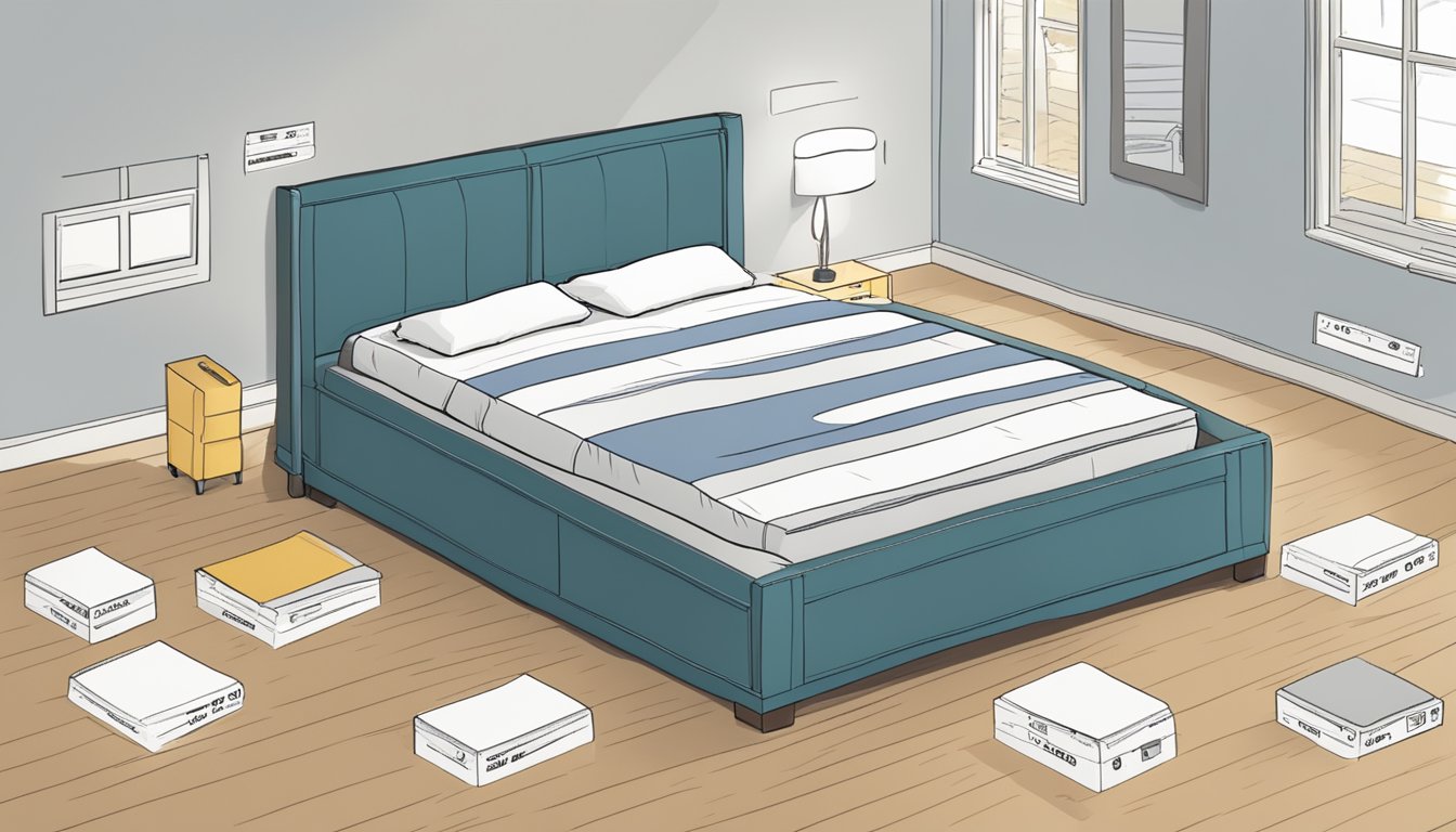 A king-sized bed with measurements labeled, surrounded by question marks