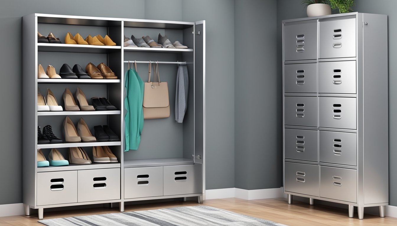 A metal shoe cabinet stands against the wall, with multiple shelves and compartments for organizing shoes. The cabinet has a sleek, modern design with a silver finish