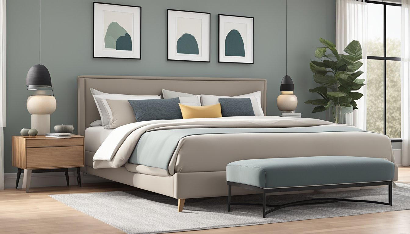 A simple bedroom with a large, sturdy king bed frame. The frame is affordable and minimalist in design, with clean lines and neutral colors