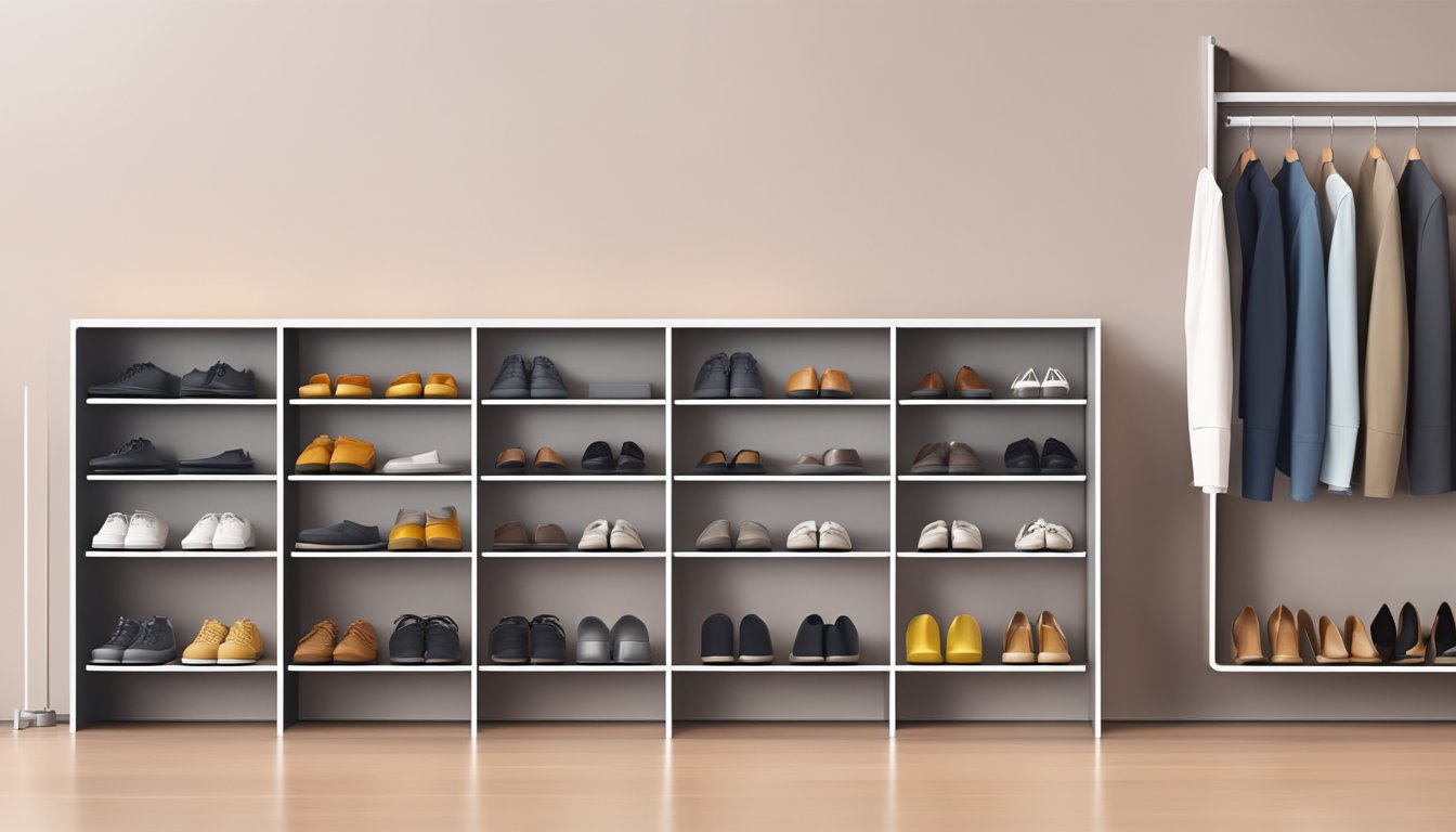 A sleek metal shoe cabinet stands against a clean, modern backdrop, with shoes neatly organized inside