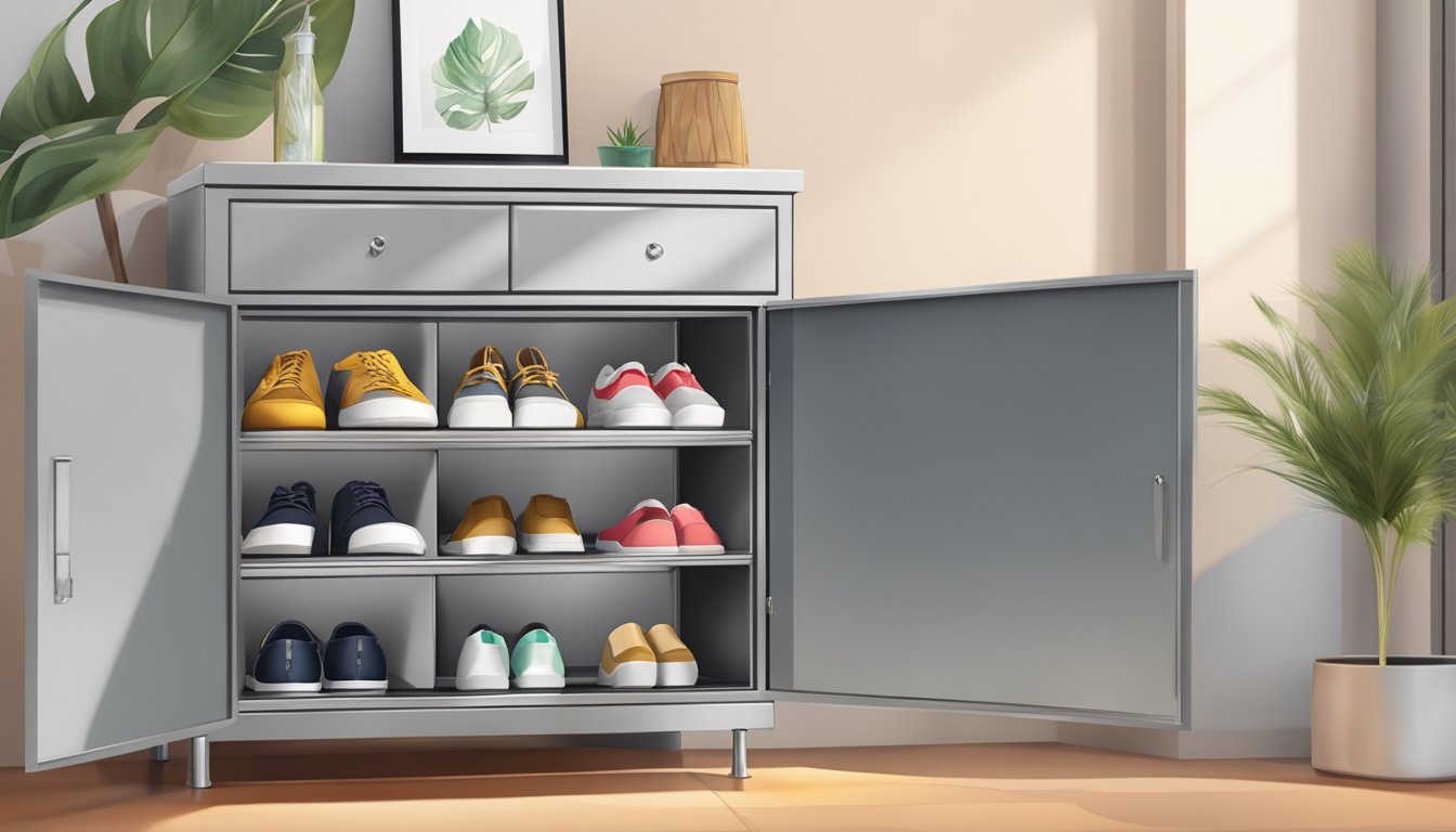 A metal shoe cabinet with personalized items arranged neatly inside, surrounded by a warm and inviting atmosphere