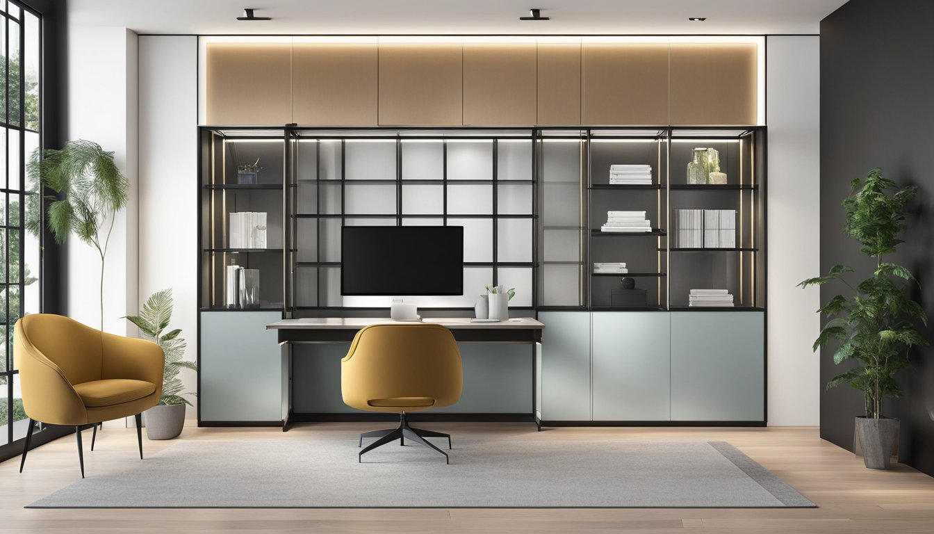 A sleek, modern corner office cabinet with clean lines and a minimalist design. The cabinet features a combination of glass and metal materials, with adjustable shelves and integrated lighting for a sophisticated and functional aesthetic