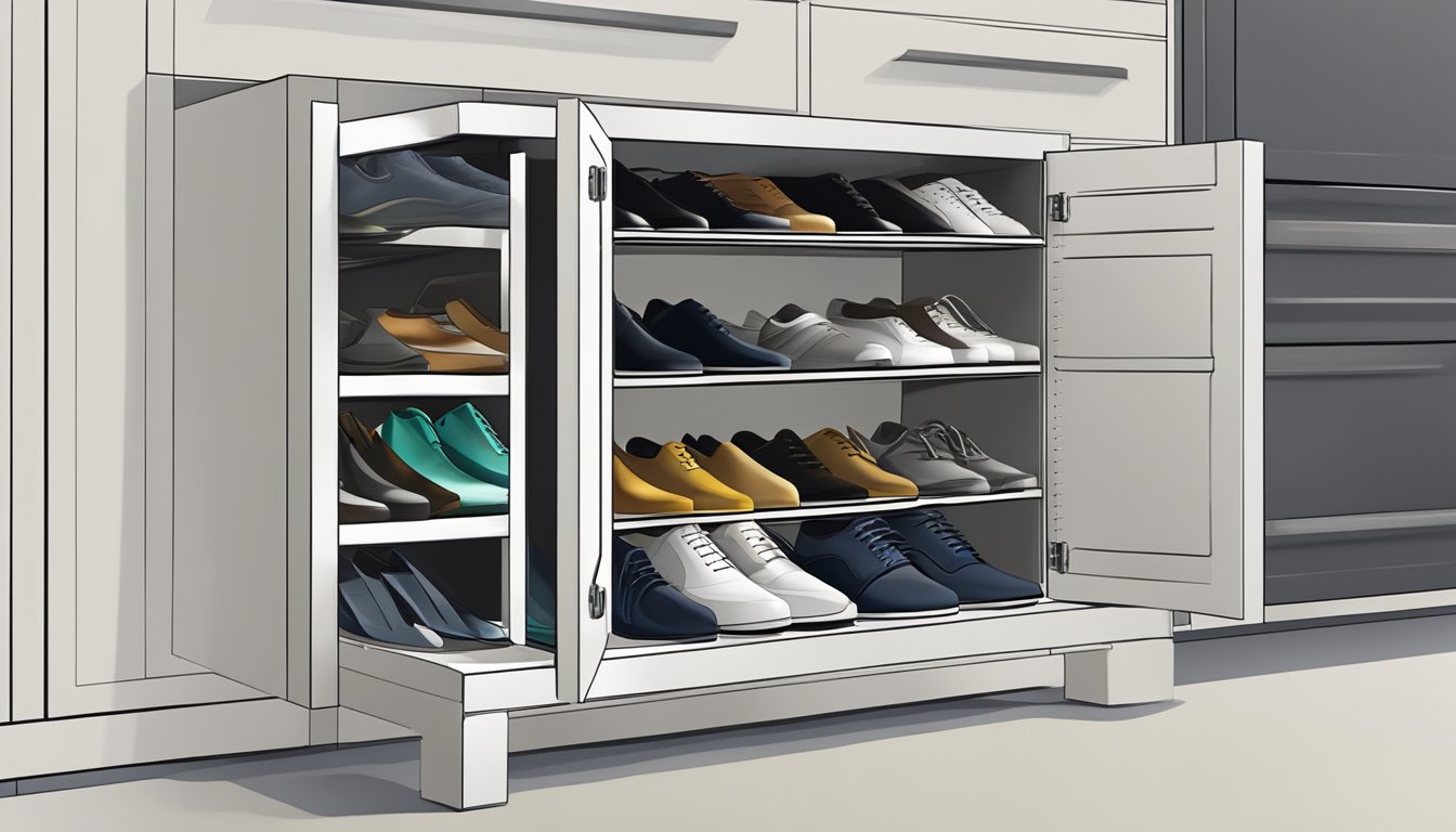 A metal shoe cabinet with multiple compartments and a sleek, modern design. Shoes neatly organized inside, with a label indicating "Frequently Asked Questions."