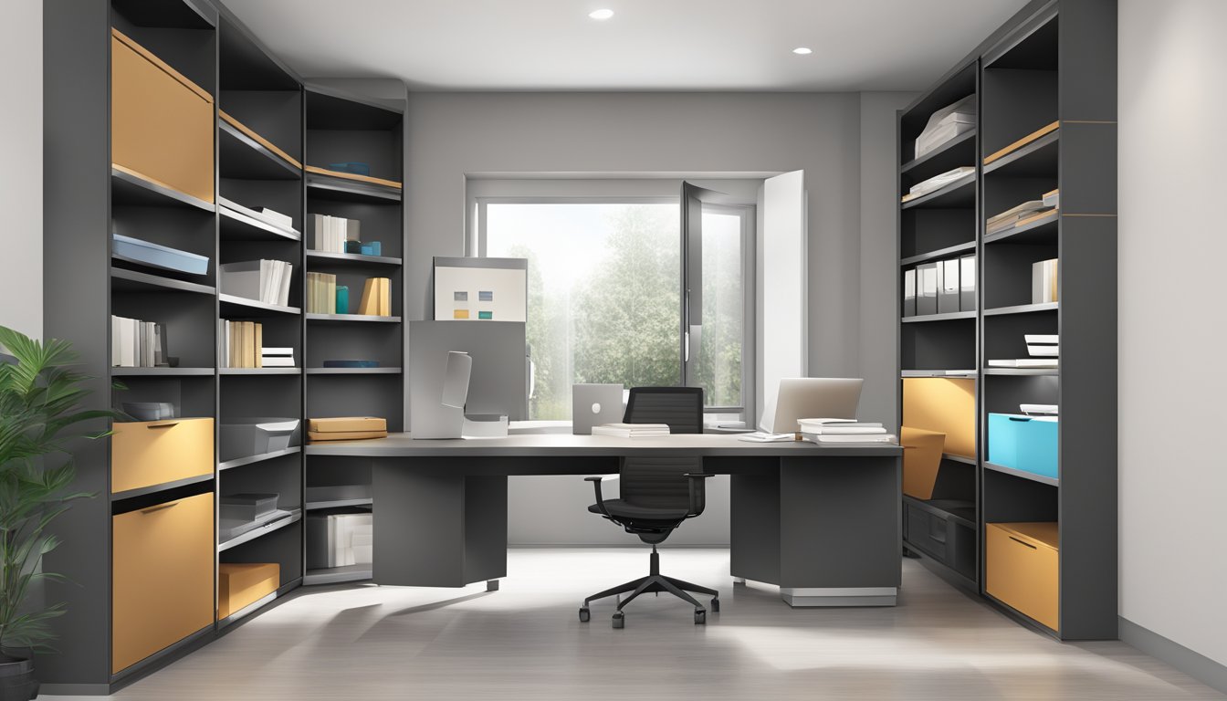 A sleek, modern corner office cabinet with multiple shelves and compartments for storage, featuring a clean and minimalist design