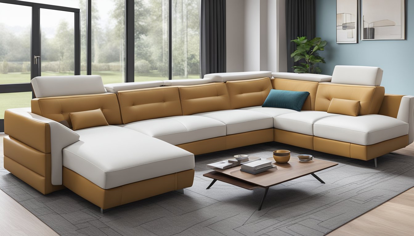 An L-shaped recliner sofa made of leather and wood, with sleek modern design and adjustable headrests