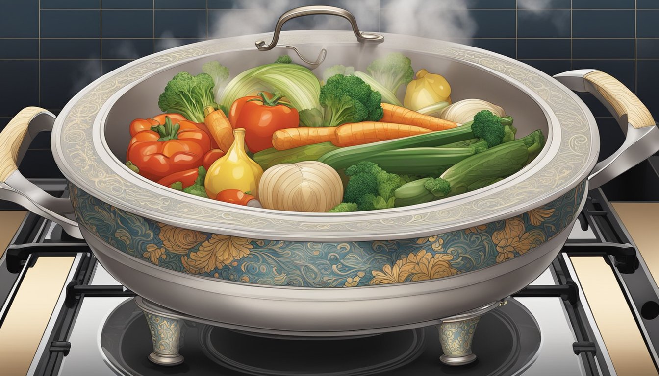 A ceramic wok sits on a stove, steam rising from the sizzling vegetables inside. The handle is adorned with intricate patterns, adding to its beauty