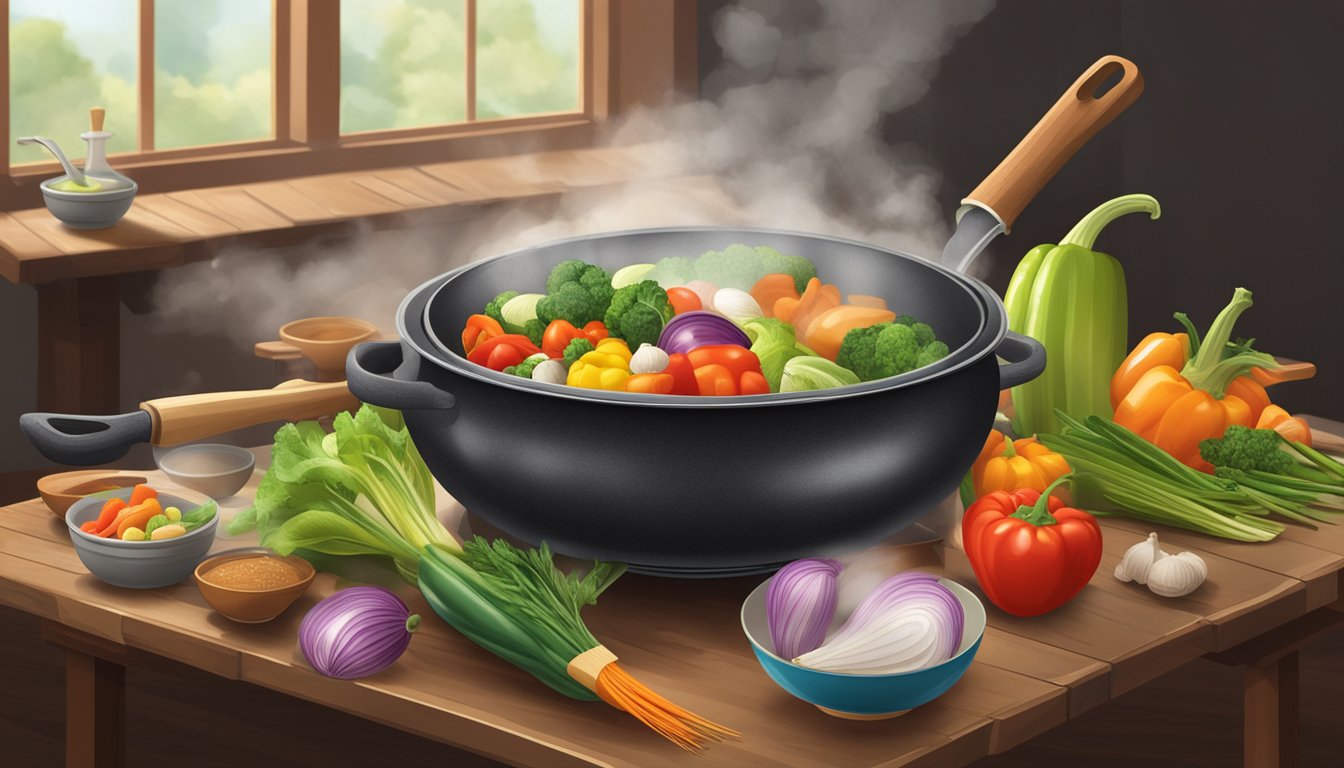 A ceramic wok sits on a rustic wooden table, surrounded by colorful vegetables and various cooking utensils. Steam rises from the wok, indicating that it is being used for cooking