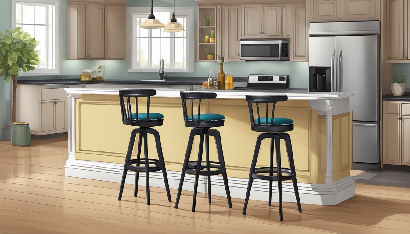 A bar stool sits at counter height, with a footrest and swivel seat