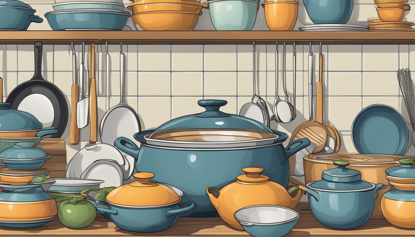 A hand reaches for a ceramic wok on a shelf, surrounded by various kitchen utensils and cookware