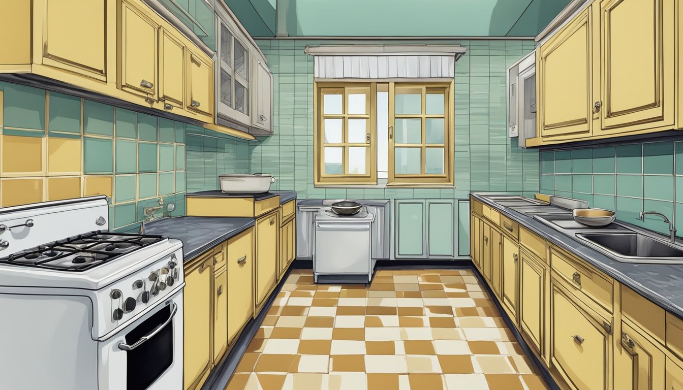 An old HDB kitchen with worn cabinets, vintage tiles, and a retro gas stove. The sink is chipped, and the walls show signs of age