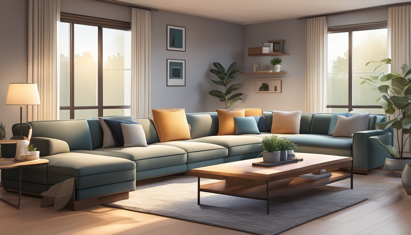 A modern living room with a sleek L-shape recliner sofa as the focal point, surrounded by a cozy rug, coffee table, and soft lighting