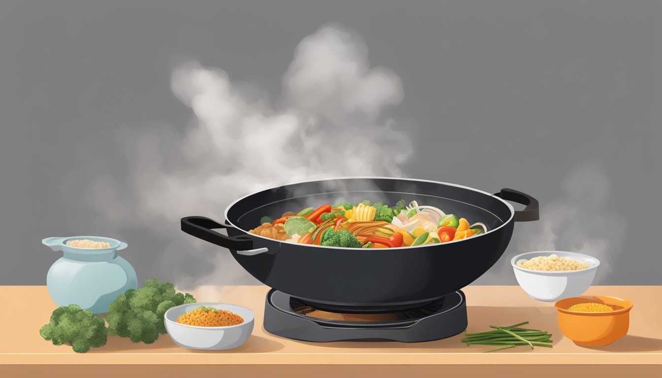 A ceramic wok sits on a stove, surrounded by various cooking ingredients and utensils. Steam rises from the wok as it sizzles with the sound of cooking