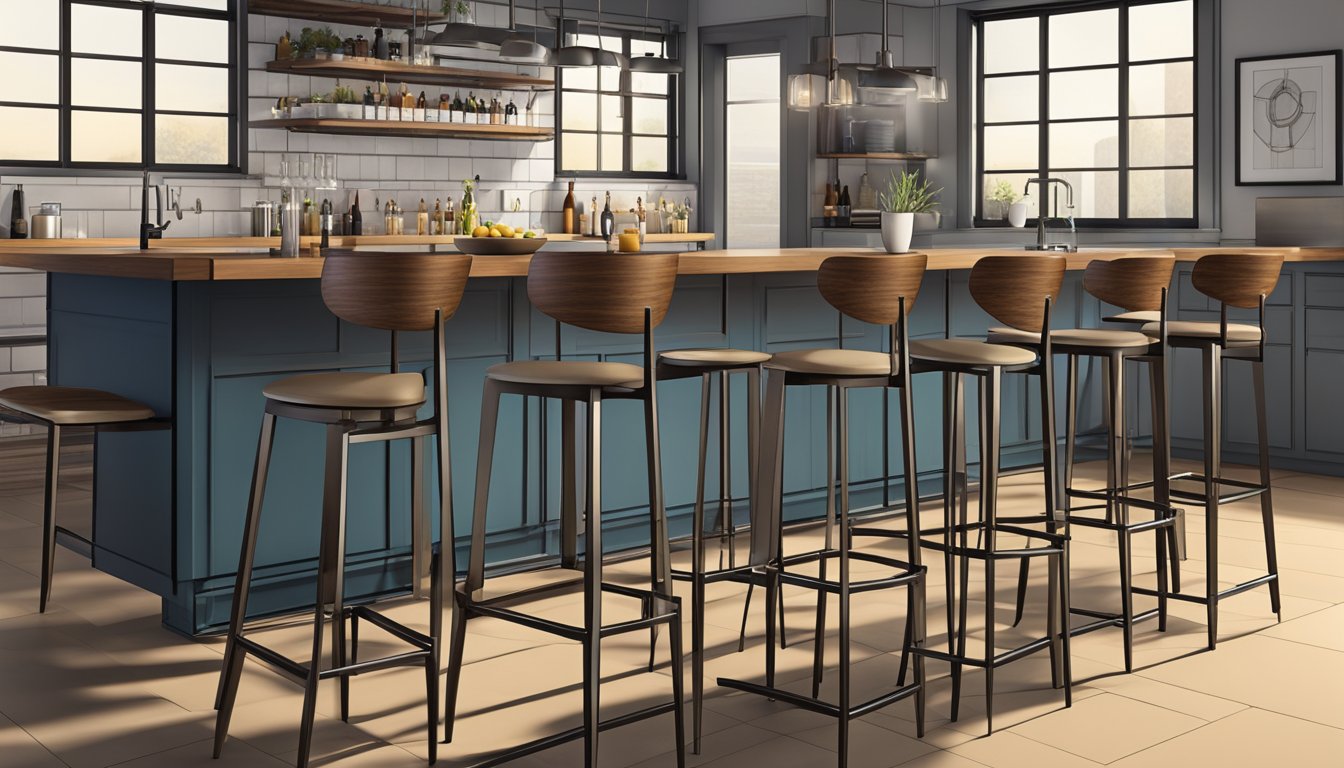 Several bar stools of varying heights and styles are arranged around a tall bar table in a modern, industrial-style setting