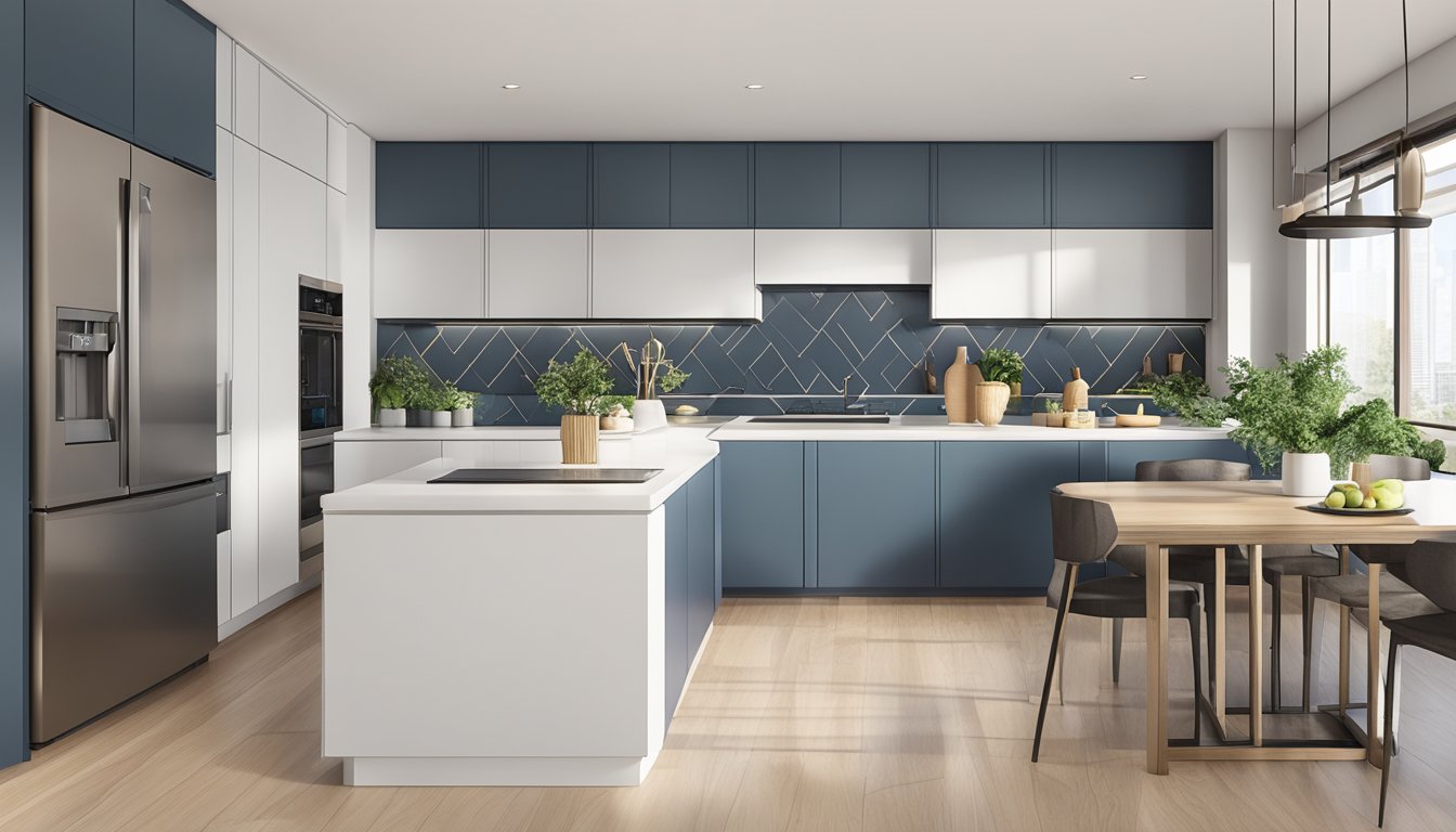 A modern kitchen design replaces old HDB layout with sleek cabinets, new appliances, and a spacious island for meal prep and socializing