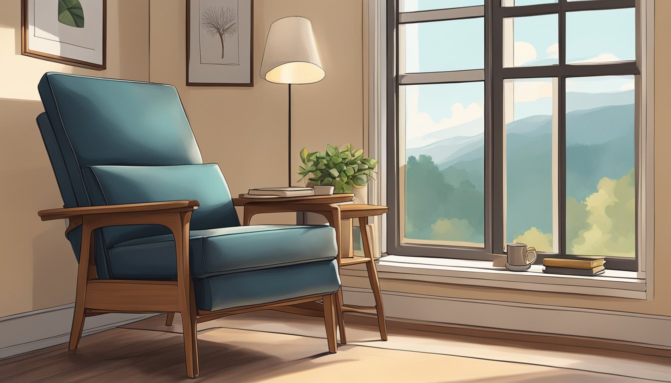 A recliner study chair sits in a cozy corner, bathed in warm natural light from a nearby window. A book and a cup of steaming tea rest on the armrest, inviting relaxation and productivity