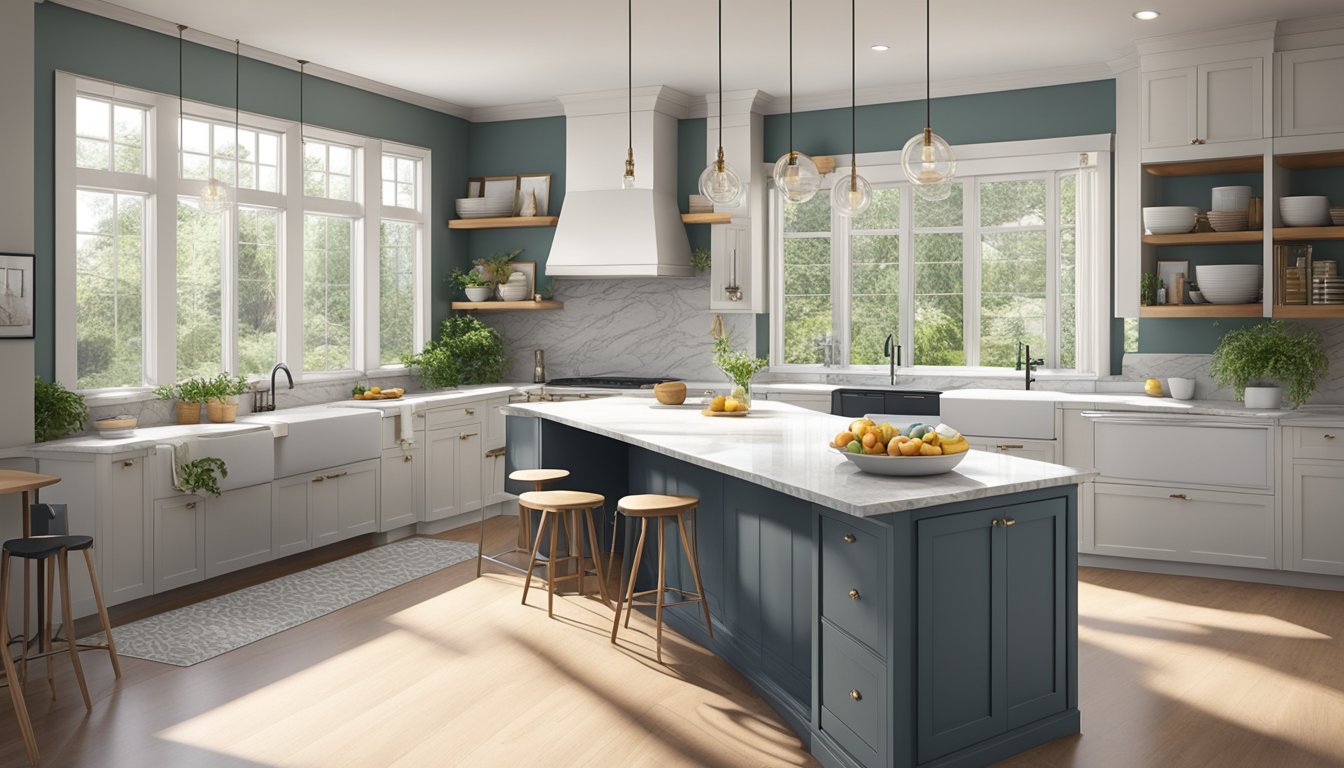 A modern kitchen with sleek cabinets, marble countertops, and a large island with pendant lighting. A wall of windows lets in natural light, and there is a cozy breakfast nook in the corner