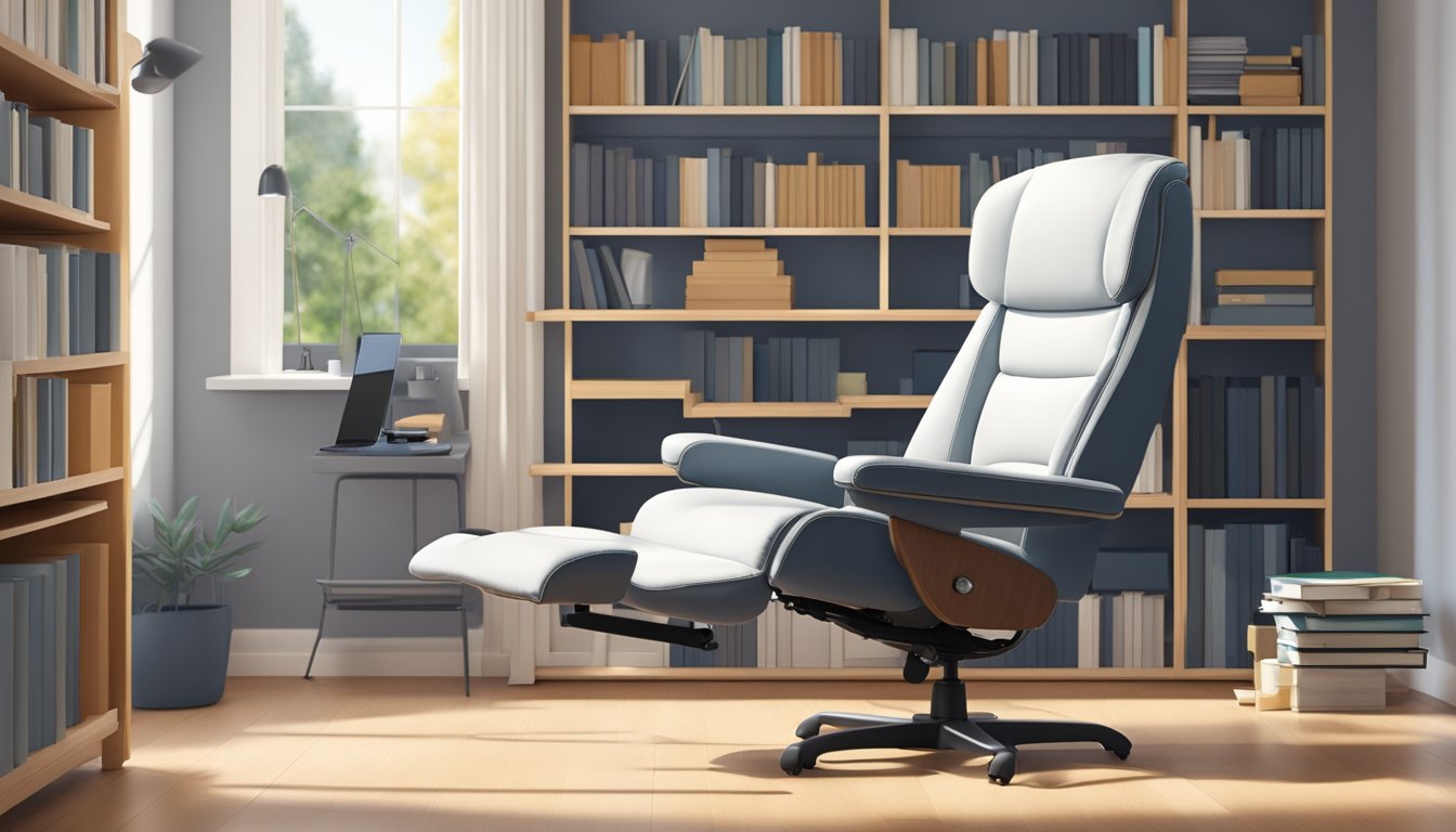 A recliner study chair with adjustable lumbar support, padded armrests, and a tilting backrest. The chair is situated in a well-lit study room with a desk and bookshelf in the background