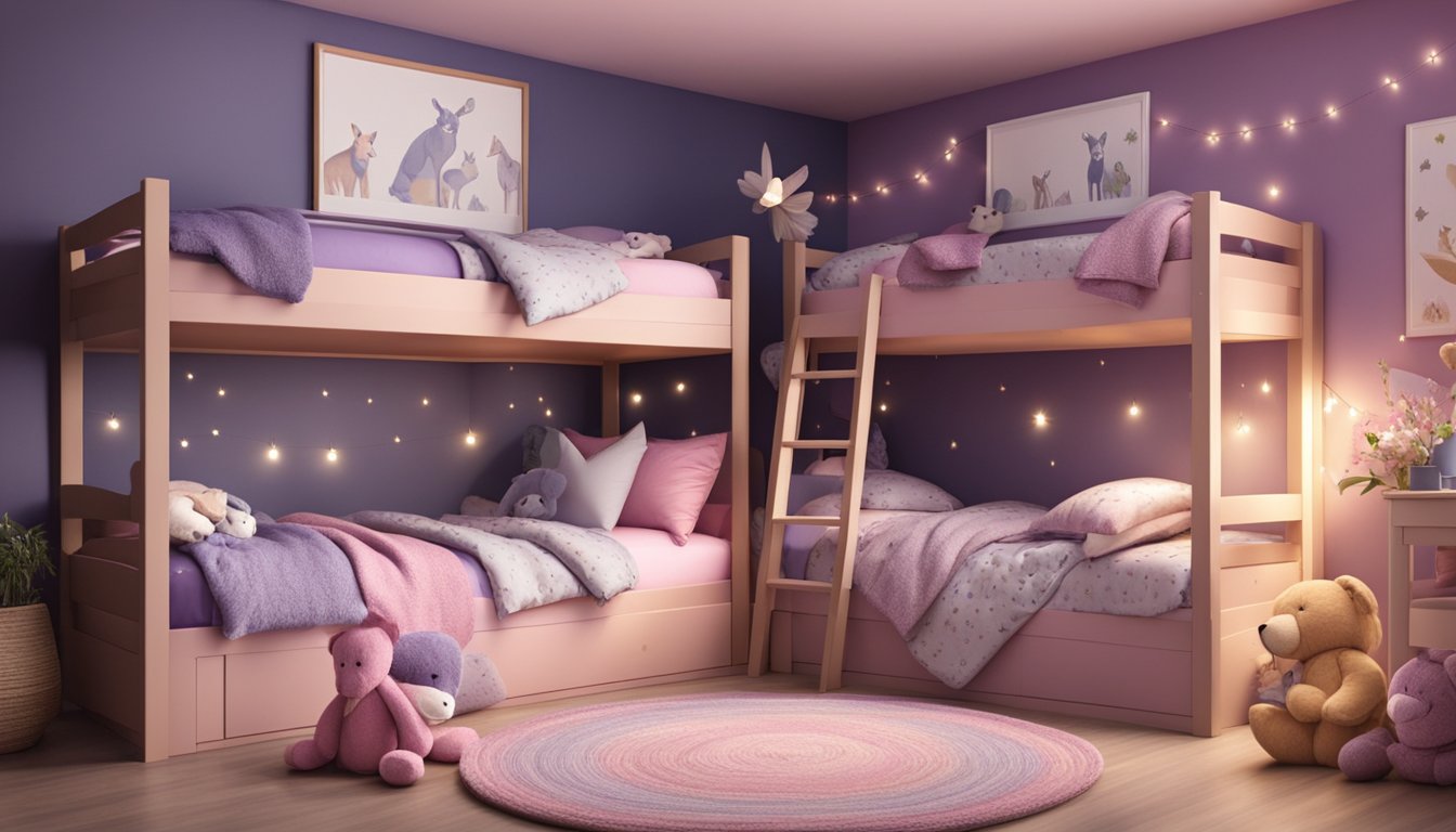 Two bunk beds with pink and purple bedding, adorned with stuffed animals and fairy lights, in a cozy bedroom with floral wallpaper