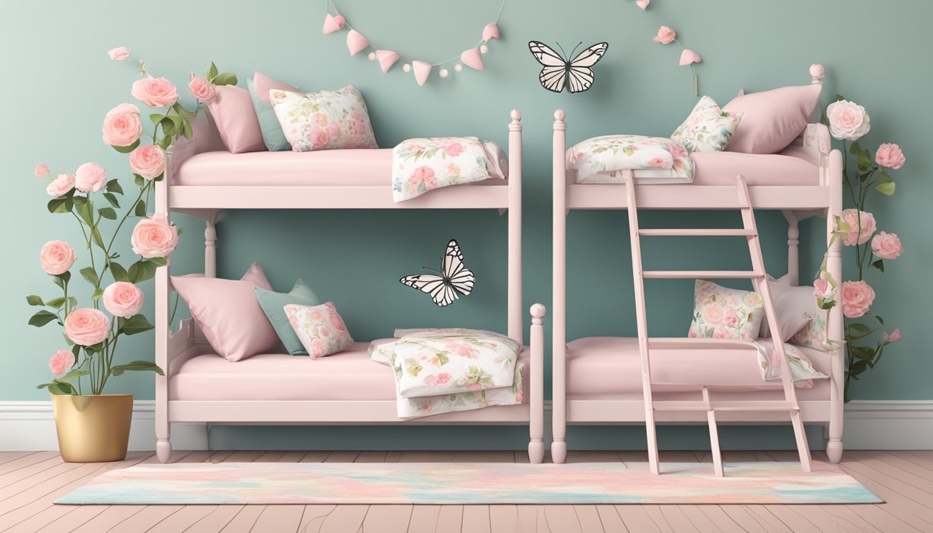 Two charming bunk beds with floral bedding, a soft pink ladder, and whimsical butterfly decorations