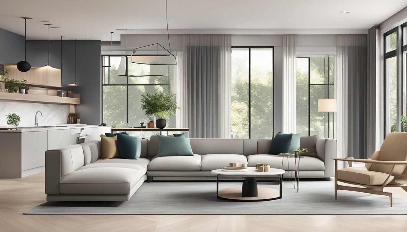 A modern, minimalist living room with clean lines, neutral colors, and sleek furniture. A spacious kitchen with sleek cabinets, marble countertops, and integrated appliances