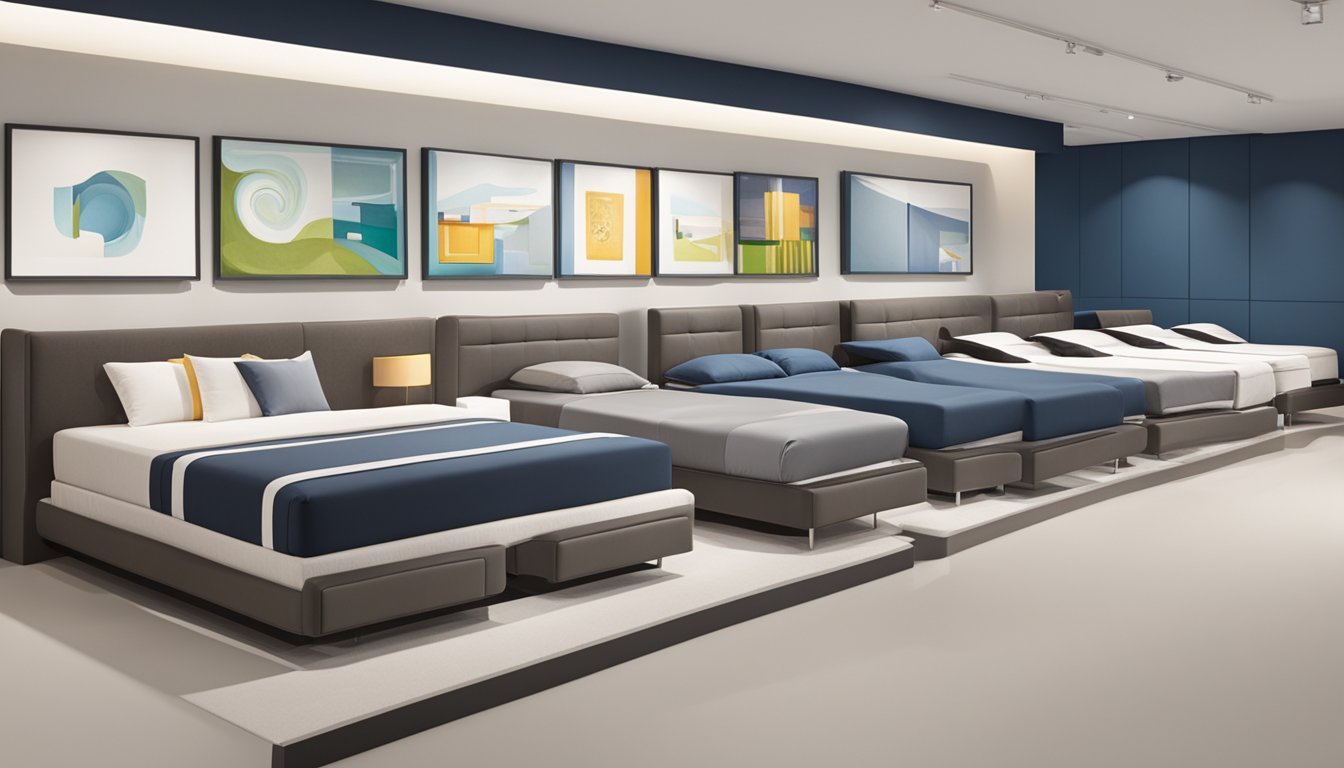 A row of various bed brands displayed in a showroom, each with distinct logos and designs