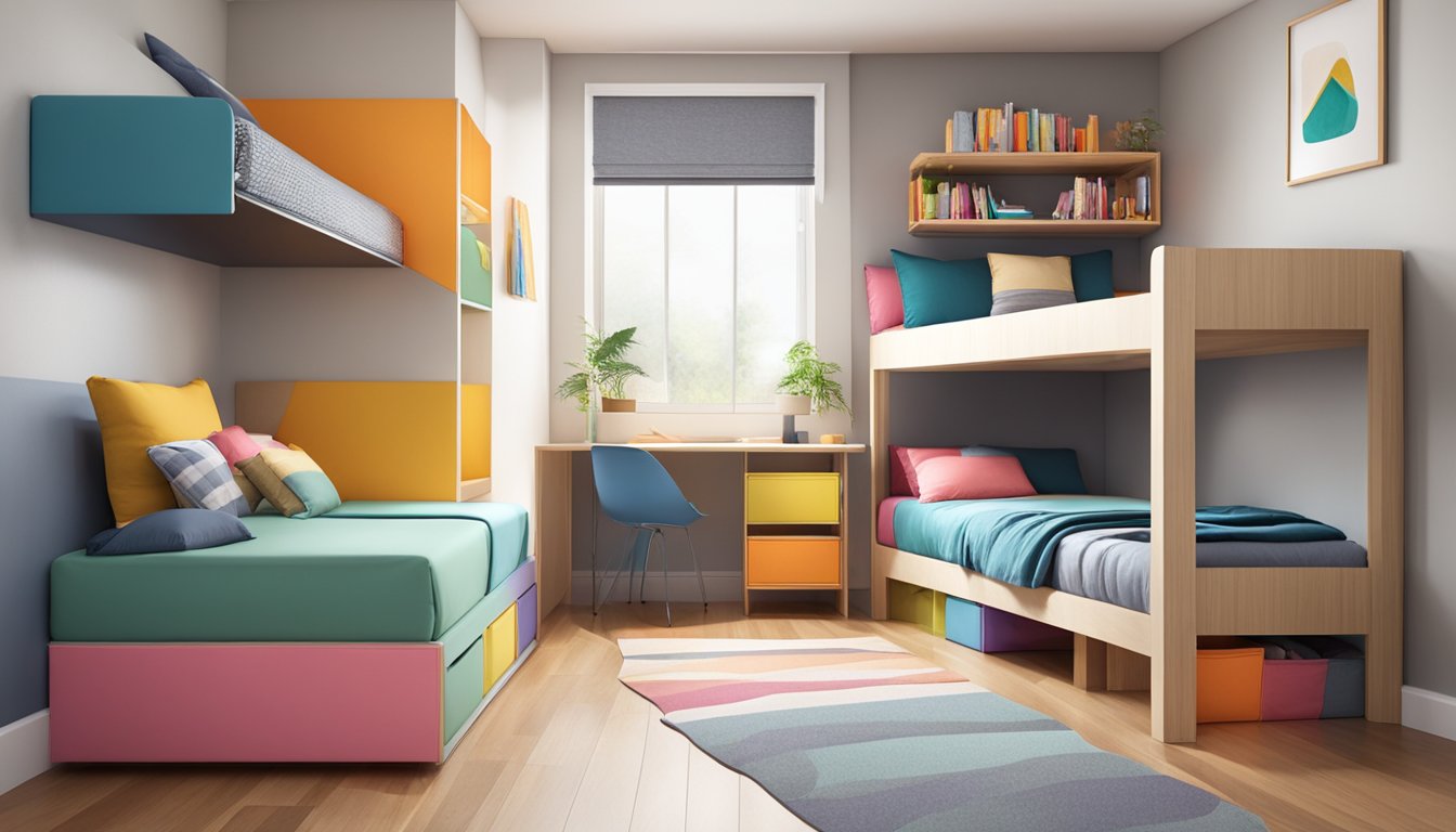 Two bunk beds with colorful bedding in a small, cozy room. Storage solutions and space-saving furniture maximize the room's functionality