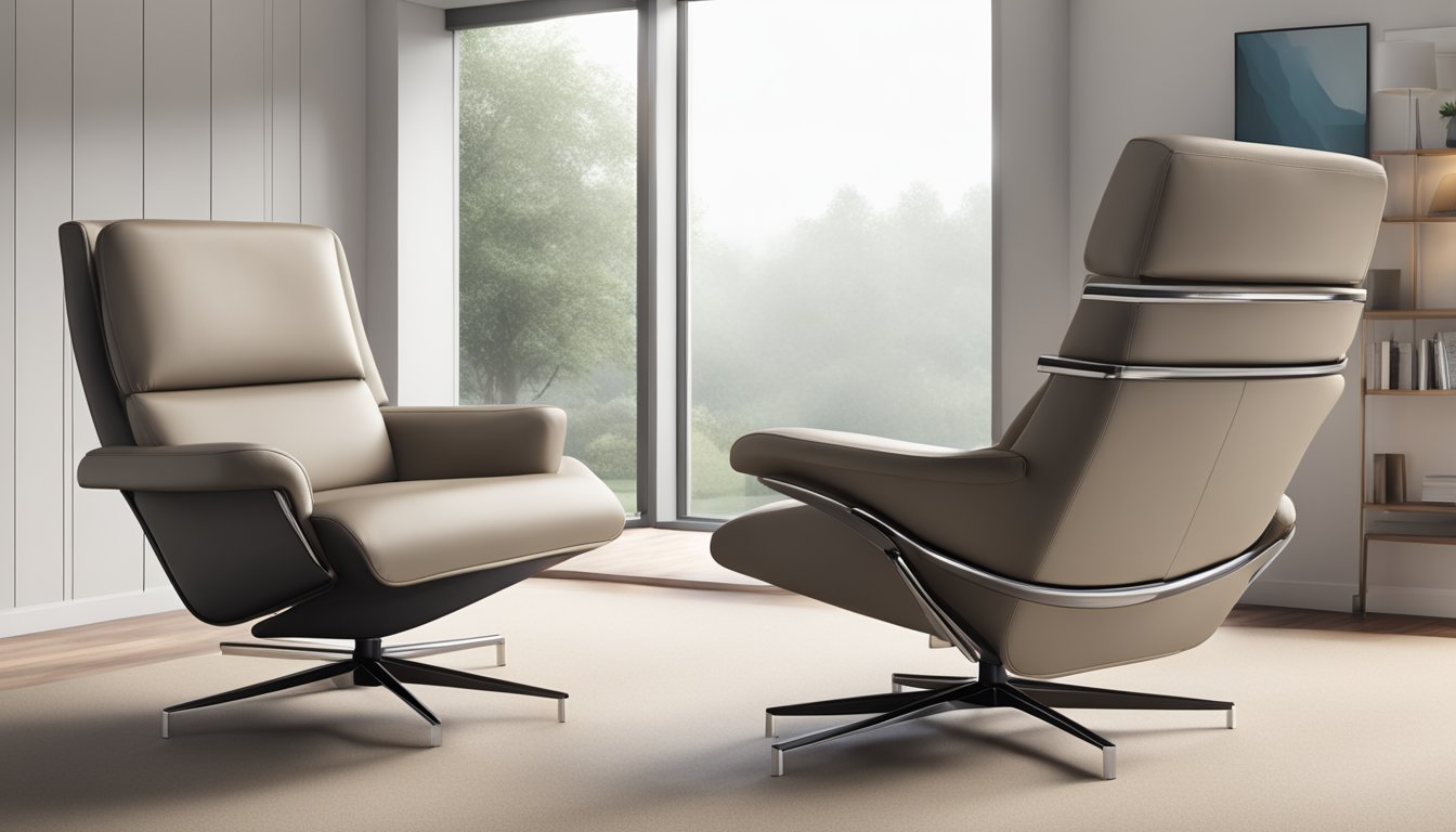 A sleek, modern recliner study chair with clean lines and a minimalist design, made of smooth leather or soft fabric in neutral tones