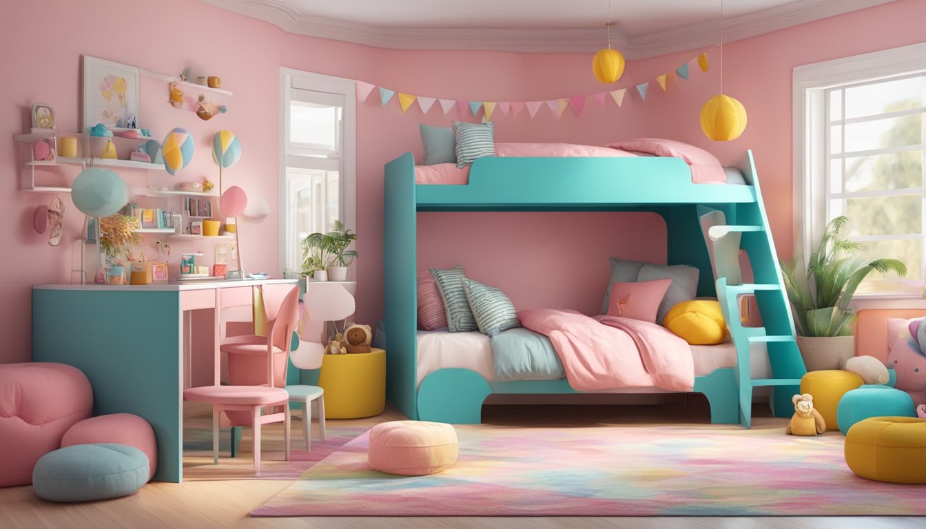 Two colorful bunk beds with girly themes, adorned with fluffy pillows and matching beddings, surrounded by playful decor and toys